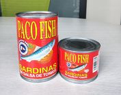 Eigenmarke in Büchsen konservierte Sardinen-Fisch-Sardinen in der Tomatensauce ohne Knochen