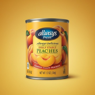 Immer frisch, immer köstlich, haltbar, in Dosen, gelbe Pfirsiche